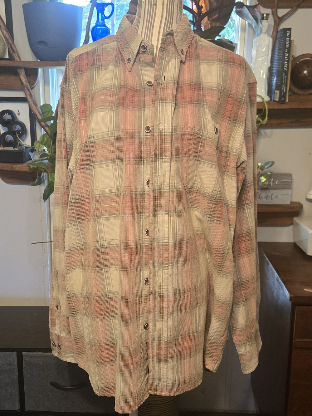 Men's Plaid Button-Down Shirt in Faded Pink and Cream